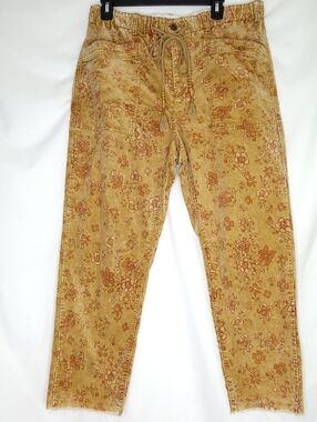 Free People Corduroy Floral Print Button Fly Raw Hem Women's Pants MEDIUM